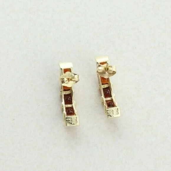 14k Yellow Gold Natural Garnet Earrings J Hoop Half Hoop Earrings - Picture 8 of 9
